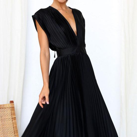 Vestido de mujer con cuello en V, sin mangas, transpirable, plisado, suelto, con cierre de cremallera, vestido casual, elegante para la oficina