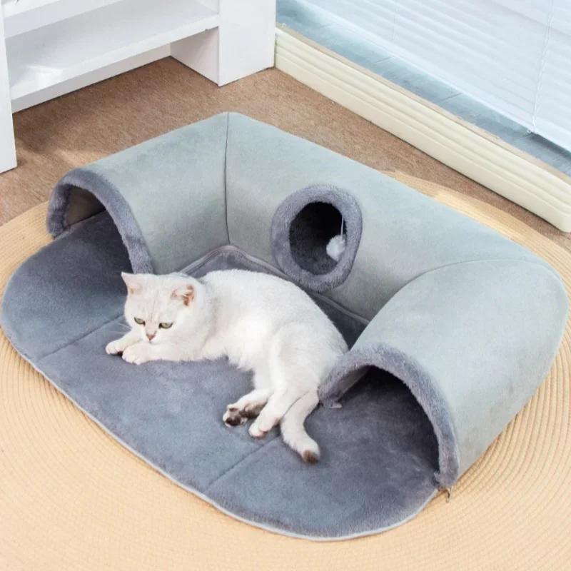 Cozy 3-in-1 Pet Tunnel Bed-Warm Nest Play Mat with Non-Slip Base Ideal for Small/Medium Cats Dogs & Rabbits Home Kennel Products