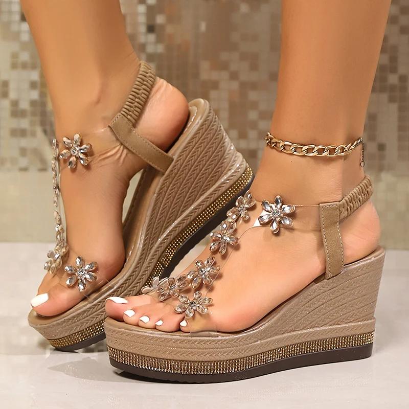 Fashion Rhinestone Flowers Wedges Sandals Women 2025 Luxury Crystals Chunky Platform Sandles Woman Clear Pvc Super High Heel Party Shoes
