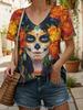 Halloween Women's T Shirt Skulls Floral Graphic Vintage Stylish Classic Short Sleeve V Neck Regular Tops Daily Print Black Orange Gray Summer Spring