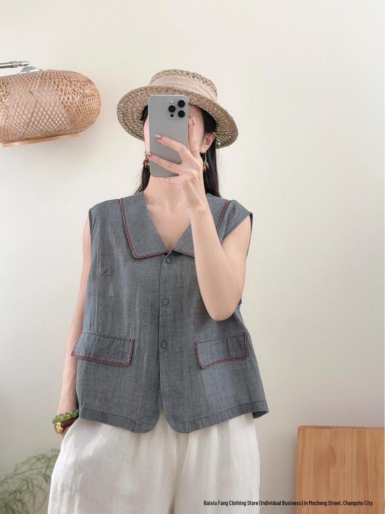 Linen Sleeveless Retro Lapel Blouse with Pocket - Women's Solid Color Summer 2026 Vest