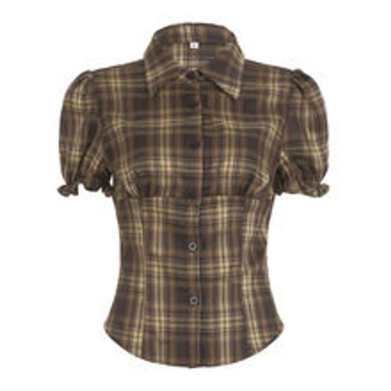 and American Style Cross-Border Plaid Short Top with Lapel, Buttoned Front, Puff Sleeves, Color-Blocking, Ruched Waist, Versatile Short Sleeves