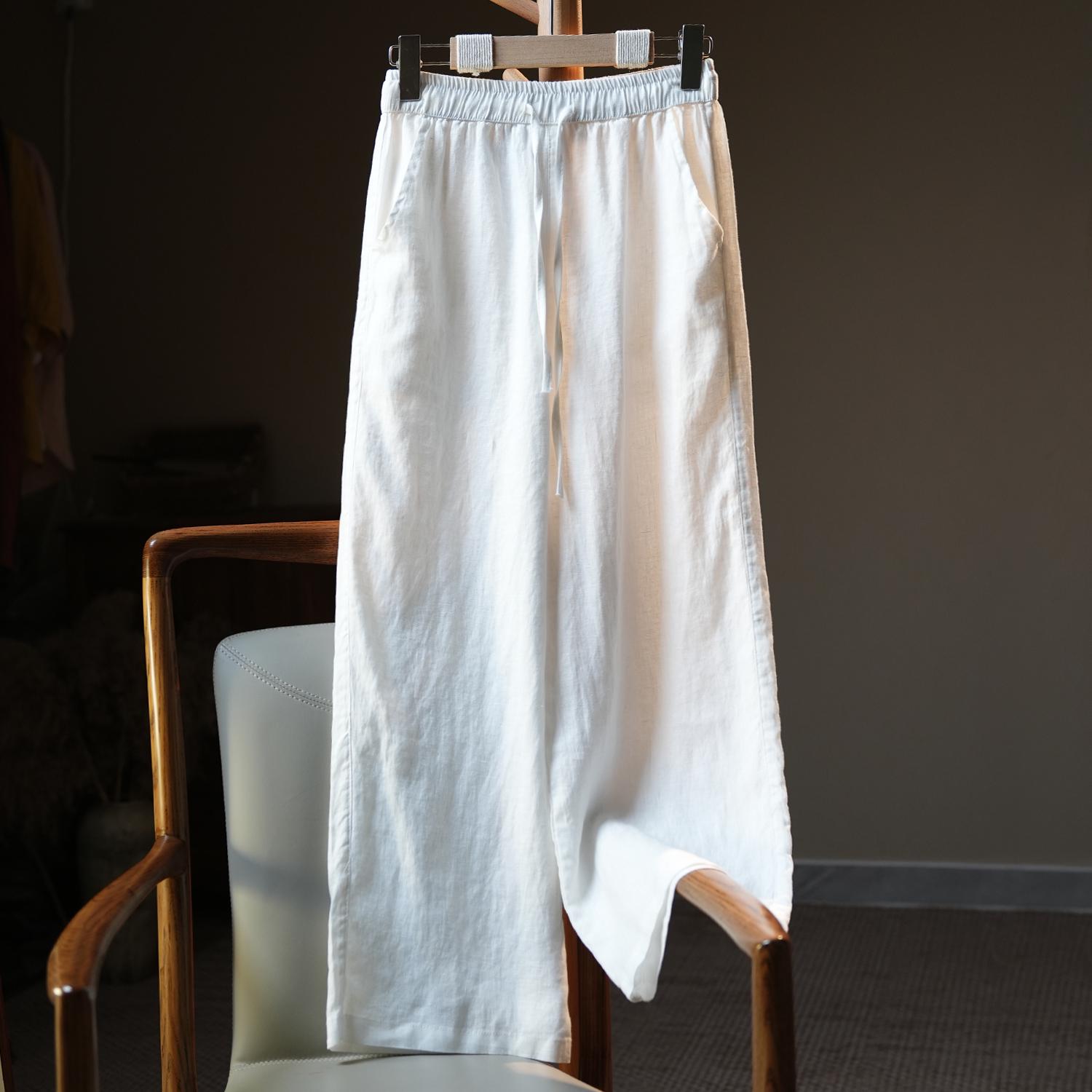 

Women s High-Waisted Linen Wide-Leg Pants - Breathable, Cropped, Elastic Waist, Versatile and Casual in Solid Color. Large белый
