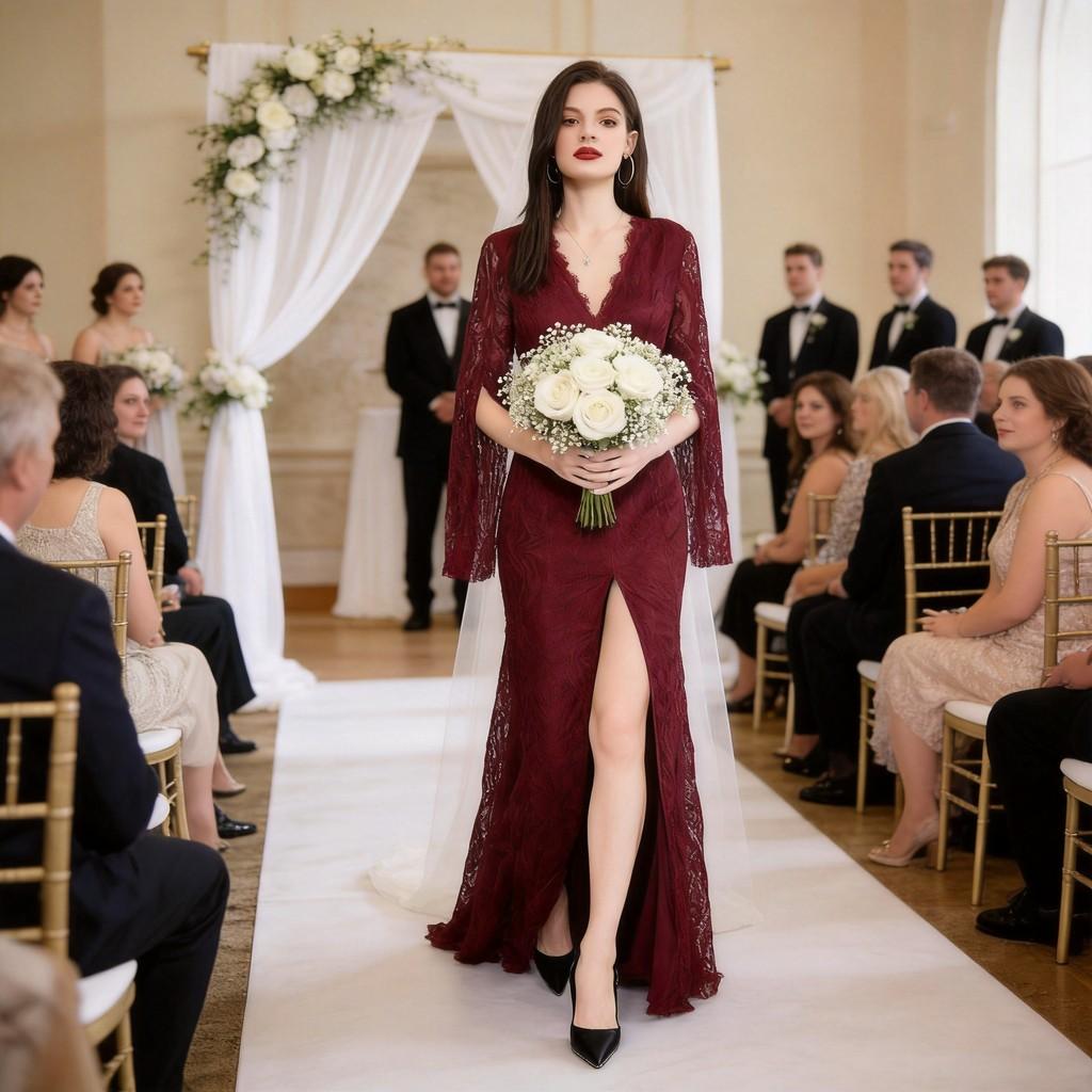 Lace Wedding Dress For Bridesmaids With Long Sleeves Vneck Fit For Autumn
