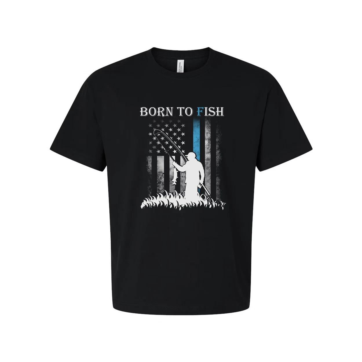 

Born To Fish Graphic Tee With Angler Silhouette And Subtle American Flag Accent L