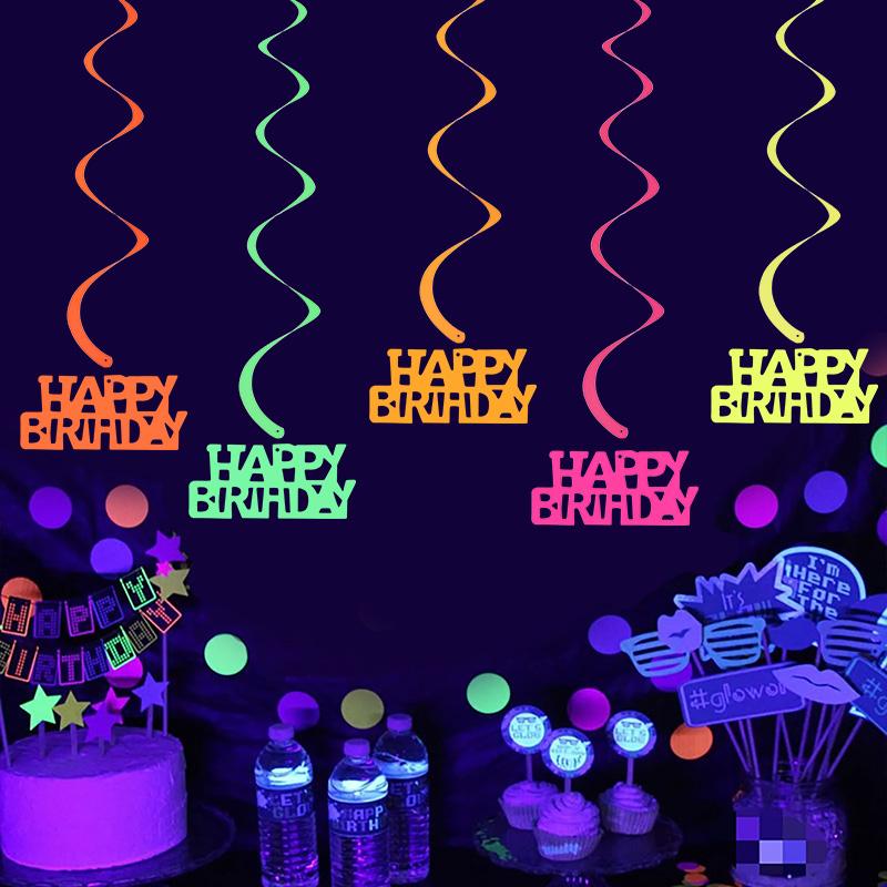 1Set Neon Glow Happy Birthday Paper Banner Hanging Spiral Birthday Party Decoration Black Light Reactive UV Glow In the Dark