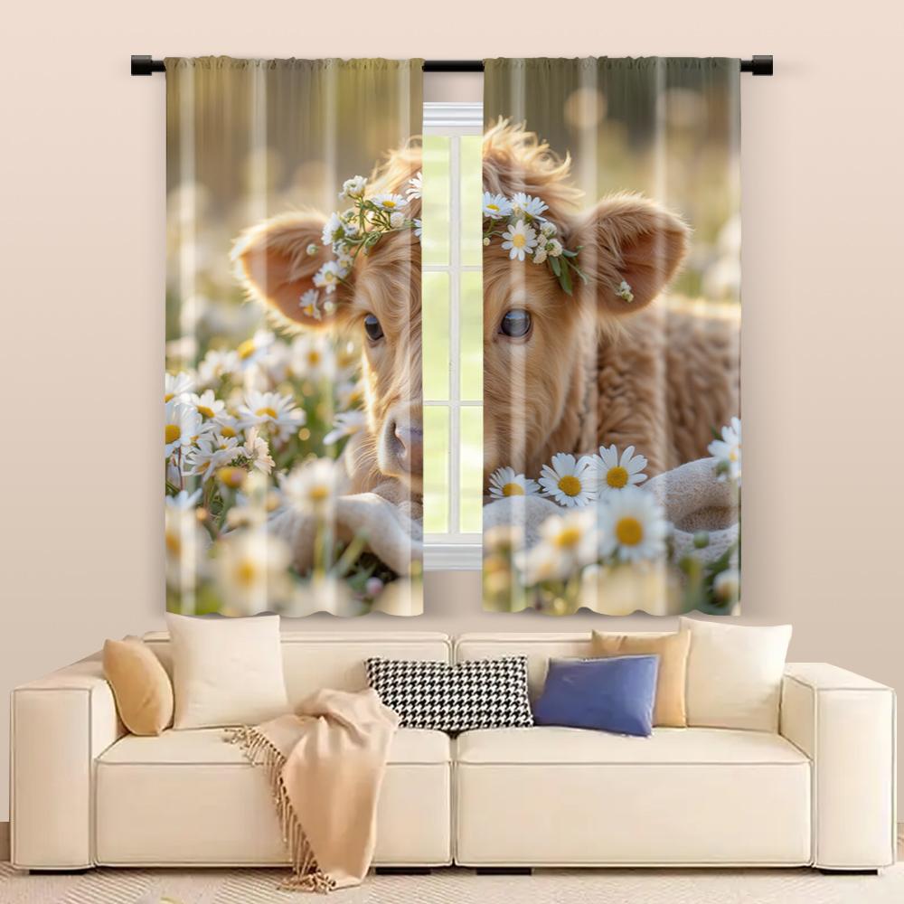 2 Pcs, Filtering Curtains (excluding Rods, Non-movable, Without Batteries) Rustic Highland Cow with Daisy Wreath for Use In