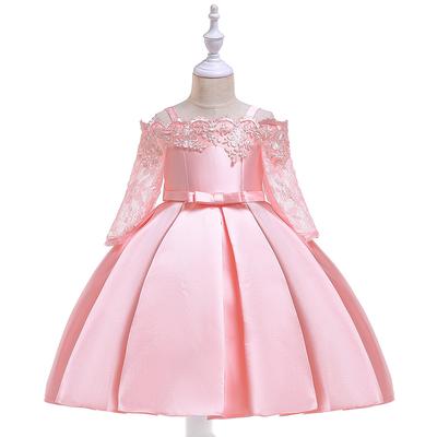 Flower Tutu Kids Clothing Satin Elegant Lace Cutout Off Shoulder Half Sleeve Girls Dresses for Children Princess Party Clothes 2-10 Years