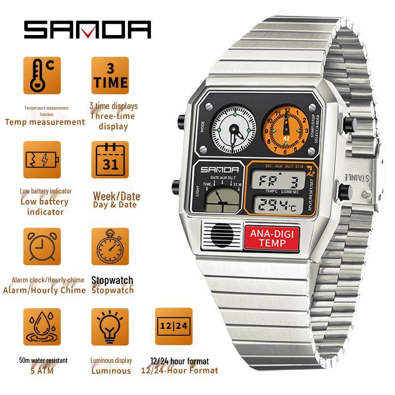 Sanda Men's Multi-Function Square Steel Band Watch with Temperature Measuring and Stopwatch Timer