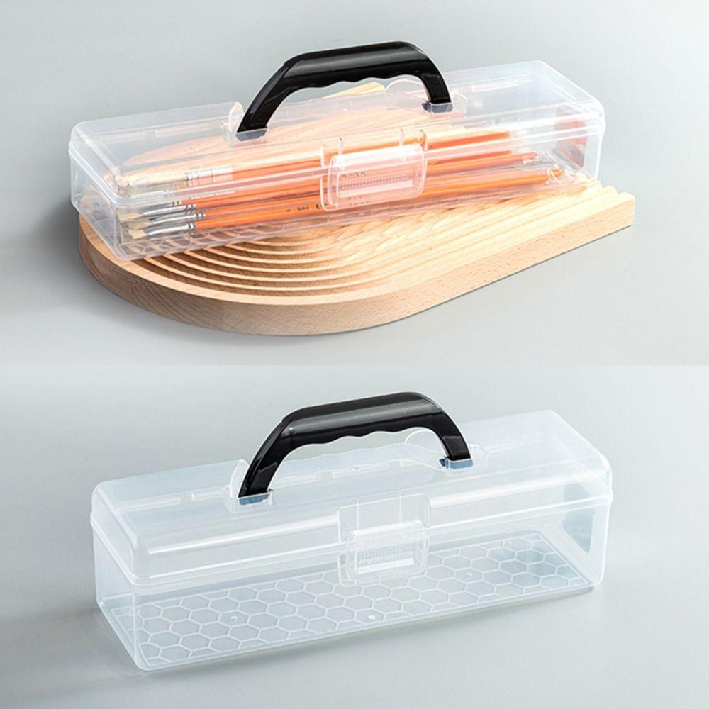 Plastic Clear Storage Box Clear with Handle Painting Brush Case Desktop Organizer Marker Pen Storage Holder Stationery Storage