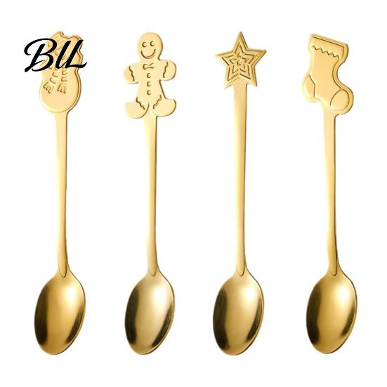 Elegant Table Decor for Parties 4Pcs Christmas Dessert Spoons, Stainless Steel Coffee Spoons with Gingerbread Star Shaped Stirring Man Stocking