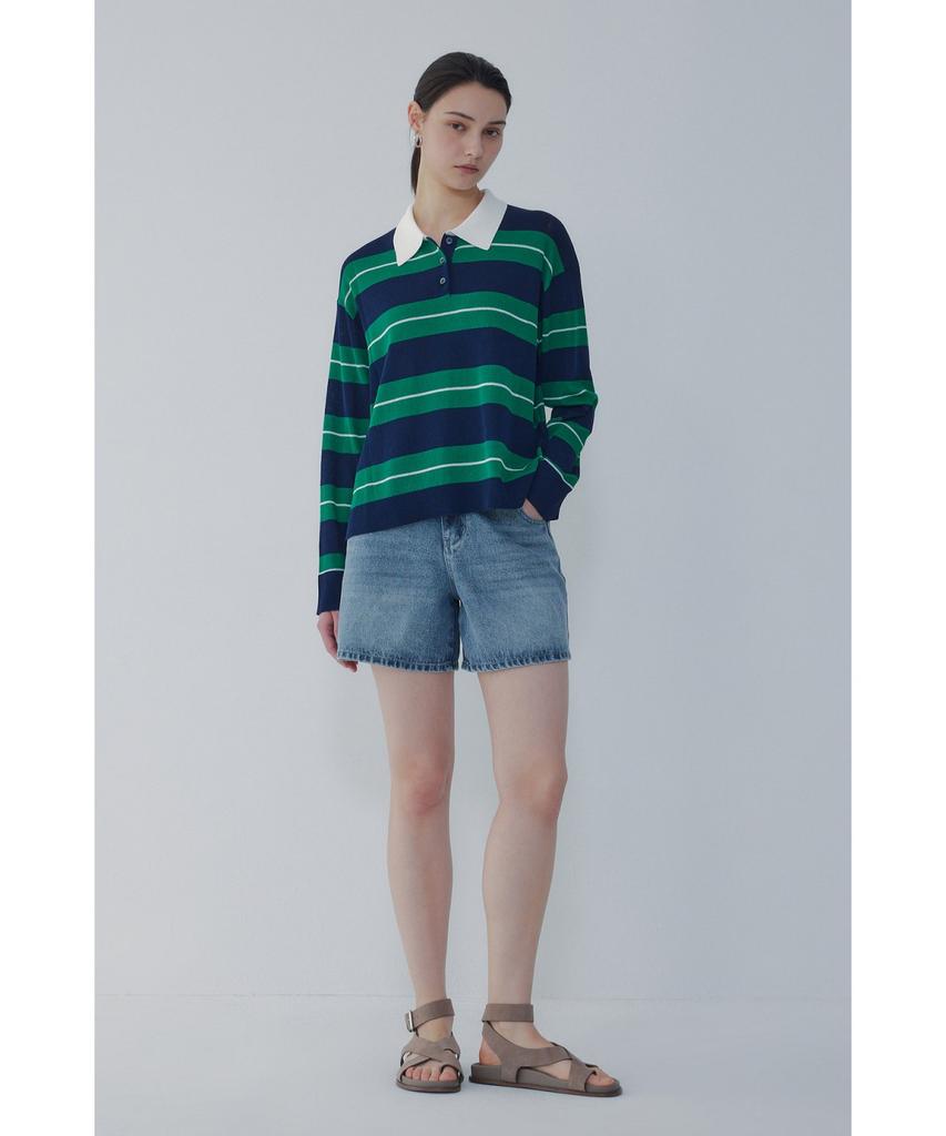 Bobeu Stripe Pattern Collared Pullover_Green 7156250001