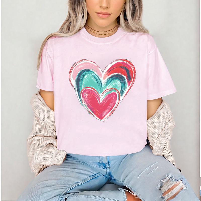2026 New Girl's Colorful Love Printed Cotton Adult and Children's Couple T-shirt Summer Fashion Loose Sports Daily Short Sleeve