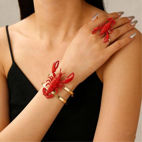 2Pcs Women Bracelet Ring 3D Simulated Crayfish Decor Bracelet Opening Adjustable Finger Band Jewelry Gift