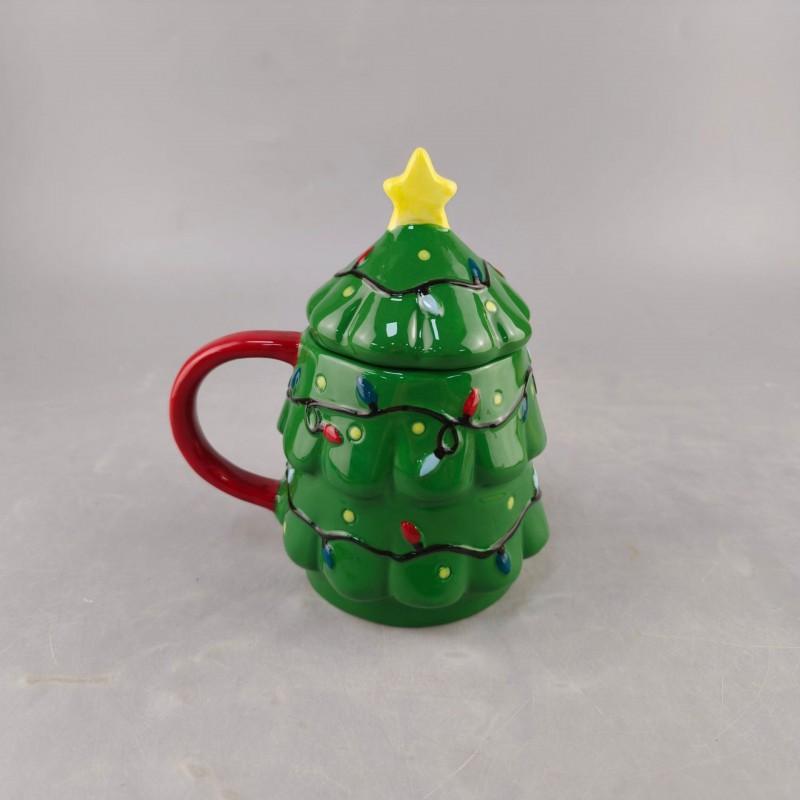 3D Christmas Tree Ceramic Mug With Lid Embossed LED Light Holiday Gift Cup