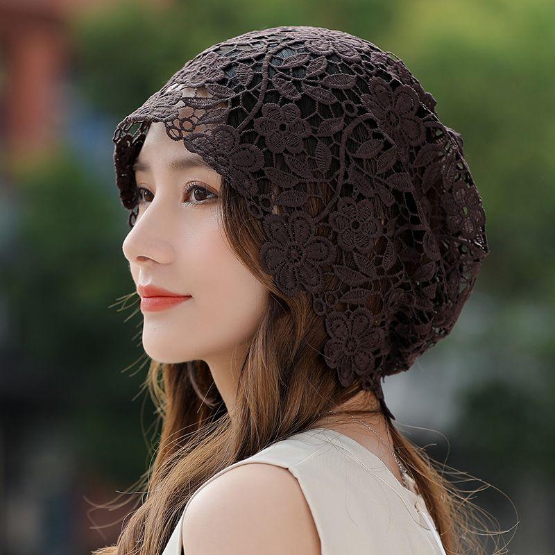 Women's Spring Summer Thin White Hair Cover Hollow Breathable Slouchy Lace Turban Flower Hat