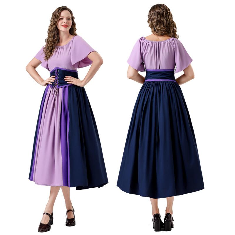 Halloween contrasting splicing retro dress renaissance dress one-word shoulder adult women's medieval dress