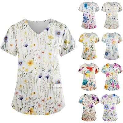 Plus Size Printed Scrub Working Uniform Tops For Women's V-neck Print Short Sleeve Fun T-shirts Workwear Tee With Pockets