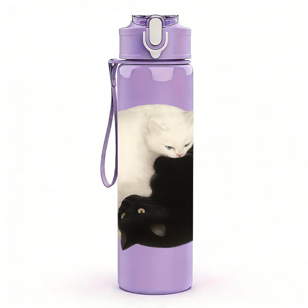 1PC Yin Yang Black White Cat 750ml Color Plastic Sports Water Bottle Leakproof Flip Straw Lid Suitable for Sports Office Home Use