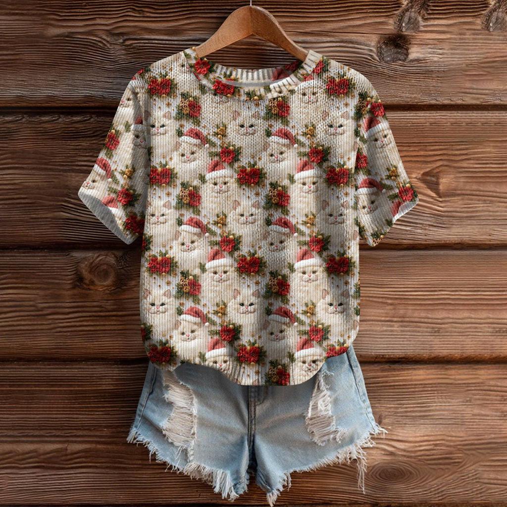 Women's Cute Sweater Knitted Fashion Casual Round-neck Short-sleeved  Cozy Print Top