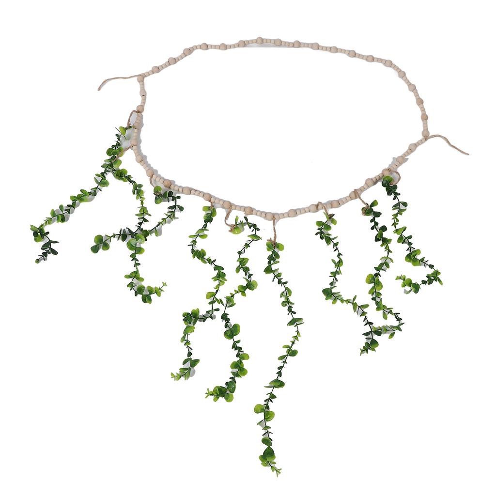 Hanging Photo Display Holder Wall Decor Wooden Bead Garland Realistic Eucalyptus Leaf Photo Display 