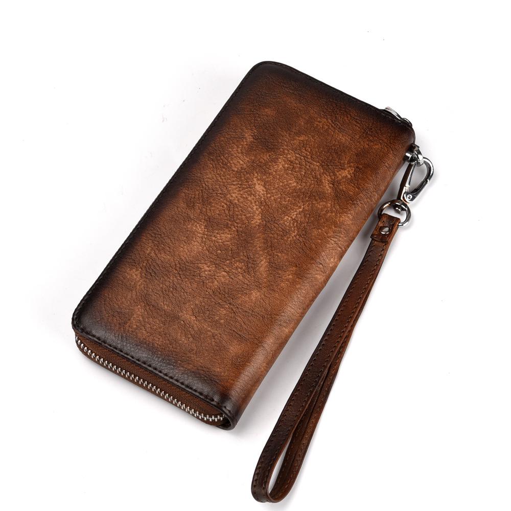 European and American Fashion Retro Tree High Leather Zipper Bag, Genuine Leather Top Layer Cowhide, Hand Polished Casual Handbag, Fashionable Wallet