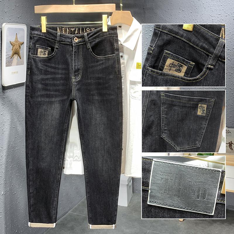

JYL Mixed elastic small straight cotton and original embroidery of men s jeans 30 коричневий