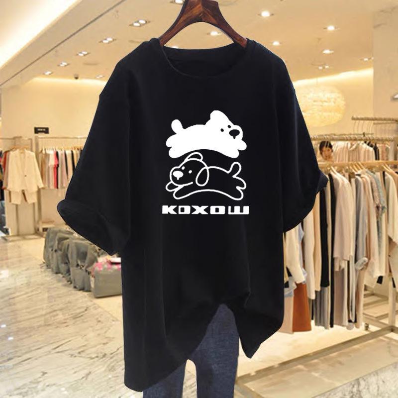 Women's Summer White Cartoon Print Cotton T-Shirt, Loose Fit, Mid-Length, Short Sleeve