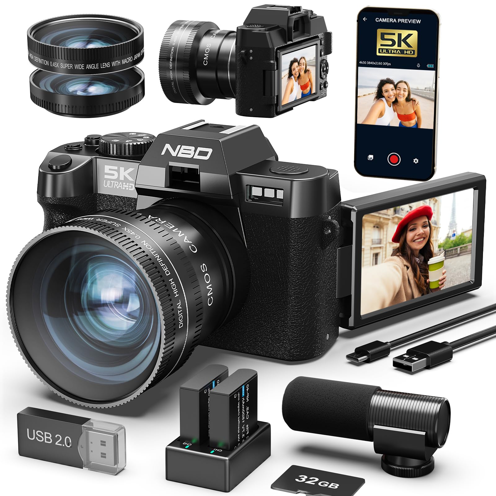 

NBD 5K 64MP Digital Camera [Wi-Fi and App Control] 16x Zoom SLR Camera with 180° Flip Screen Autofocus, Image Stabilization Macro + Wide-Angle