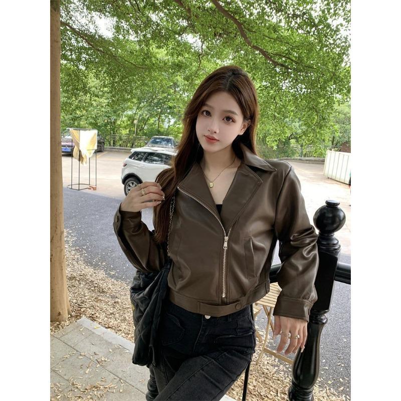 Høst Vinter Polo-hals Casual Mote Glidelås PU Lærjakke Kvinner Harajuku Cardigan Kåpe Yttertøy Topp
