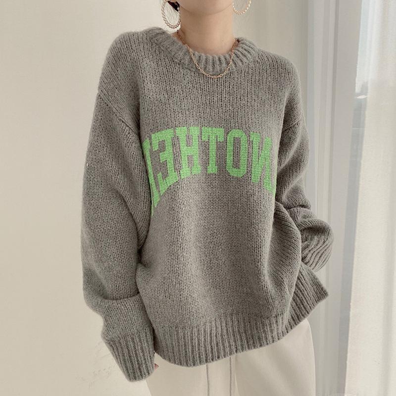 Fashionable Candy-colored Sweater Women's Autumn and Winter Loose Lazy Wind Thickened Round Neck Letter Knit Sweater Comfortable and Versatile