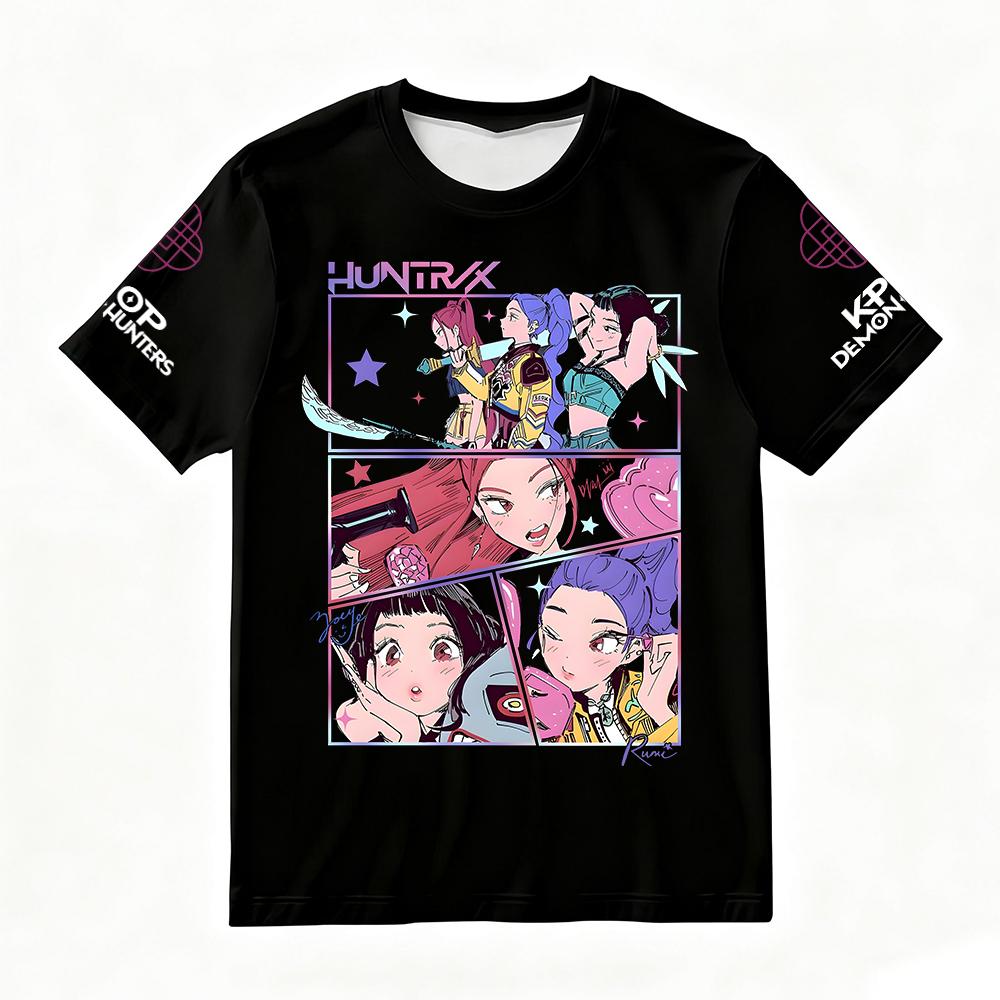Women's Summer KPop Demon Hunters Graphic T-Shirt HUNTRX Comic Style Character Printed Top for Fashion Streetwear Casual Daily