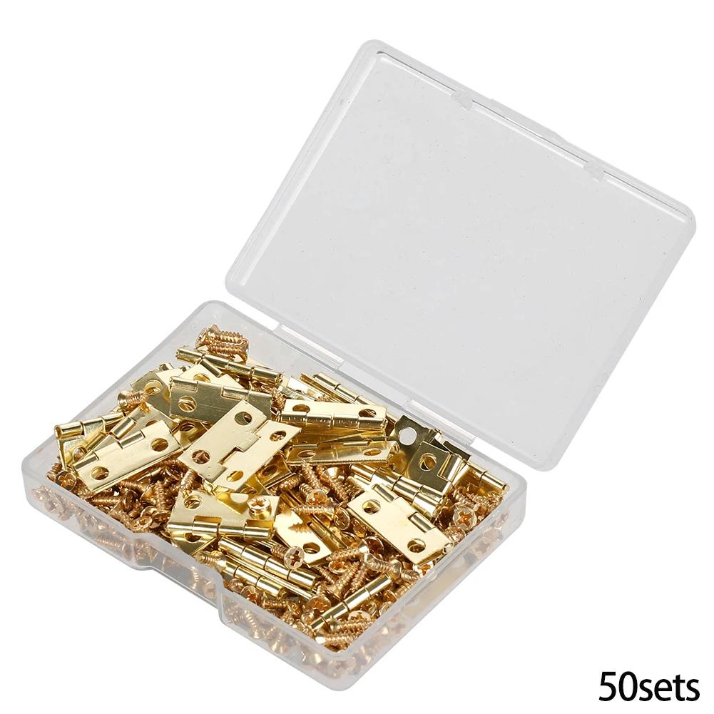 50pcs/box Hinges+200 Screws Iron Golden Black Bronze 4 Holes 18*16mm Mini Rounded Hinge DIY Box Gifts Furniture Hardware