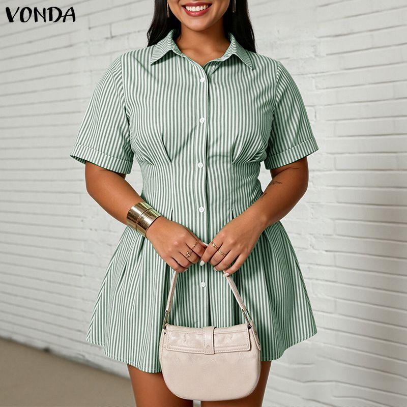 VONDA Robe Chemise Mini Rayée Décontractée à Manches Courtes et Col Revers d'Été pour Femme
