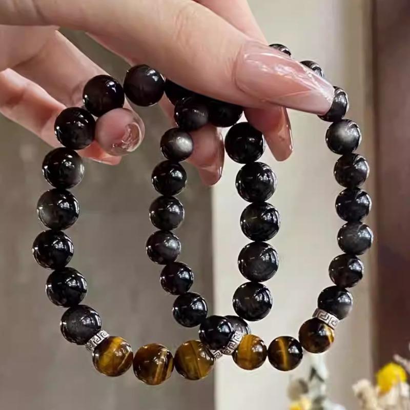 2026 New Obsidian Tiger Eye Stone Bead Bracelet Good Luck Crystal Transfer Bead Senior Couple Handstring Commemorative Token