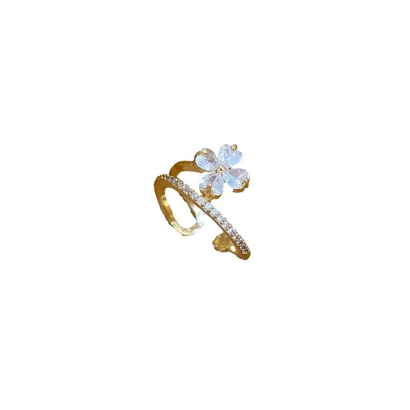 Real Gold Lucky Flower Full Diamond Ring Opening Adjustable Simple Jewelry Japanese Ring Couple Ring