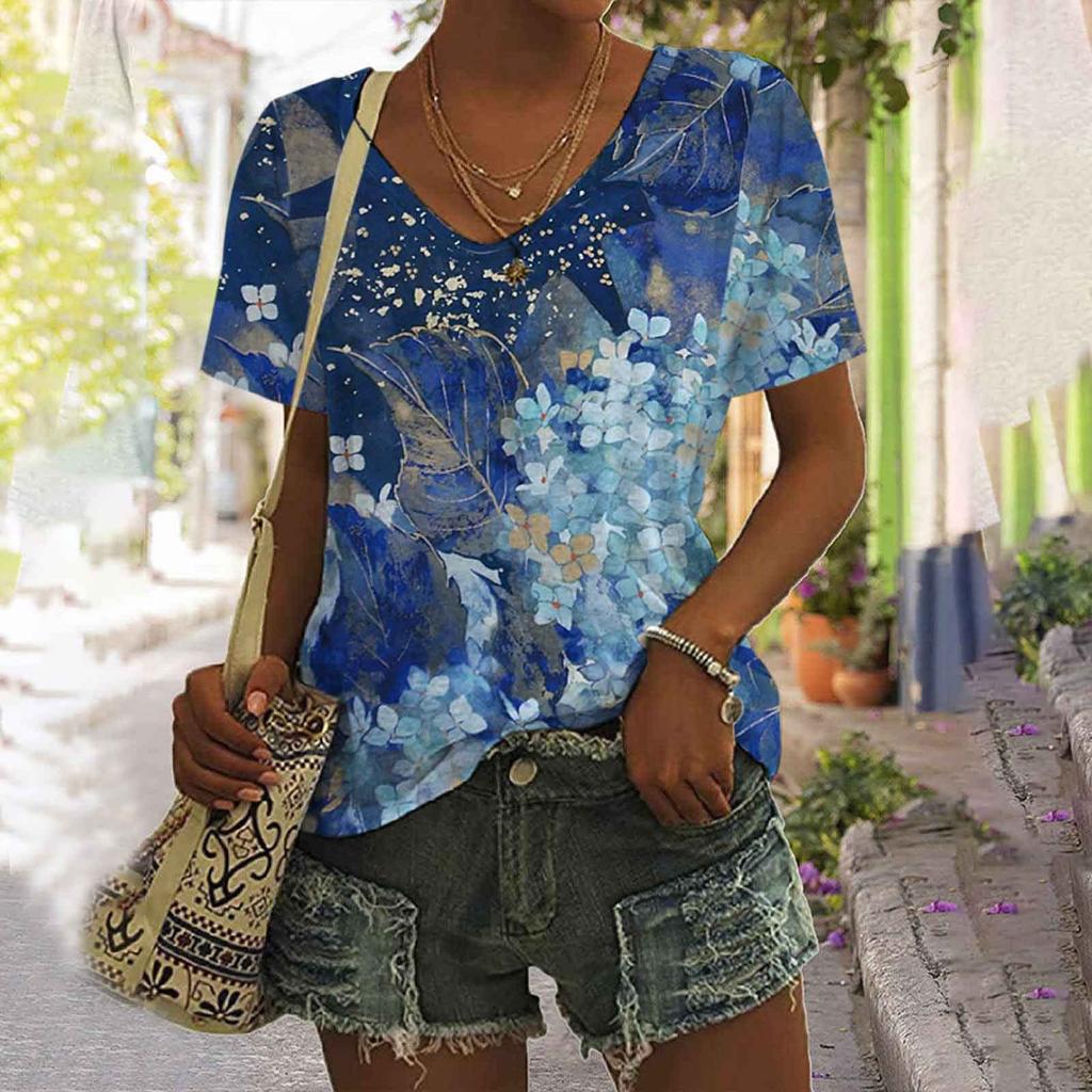 Summer Floral Vintage 3D Print T-Shirts Women V-Neck Short Sleeve T Shirt Y2K Flower Tees Oversized Harajuku Top Female Clothing