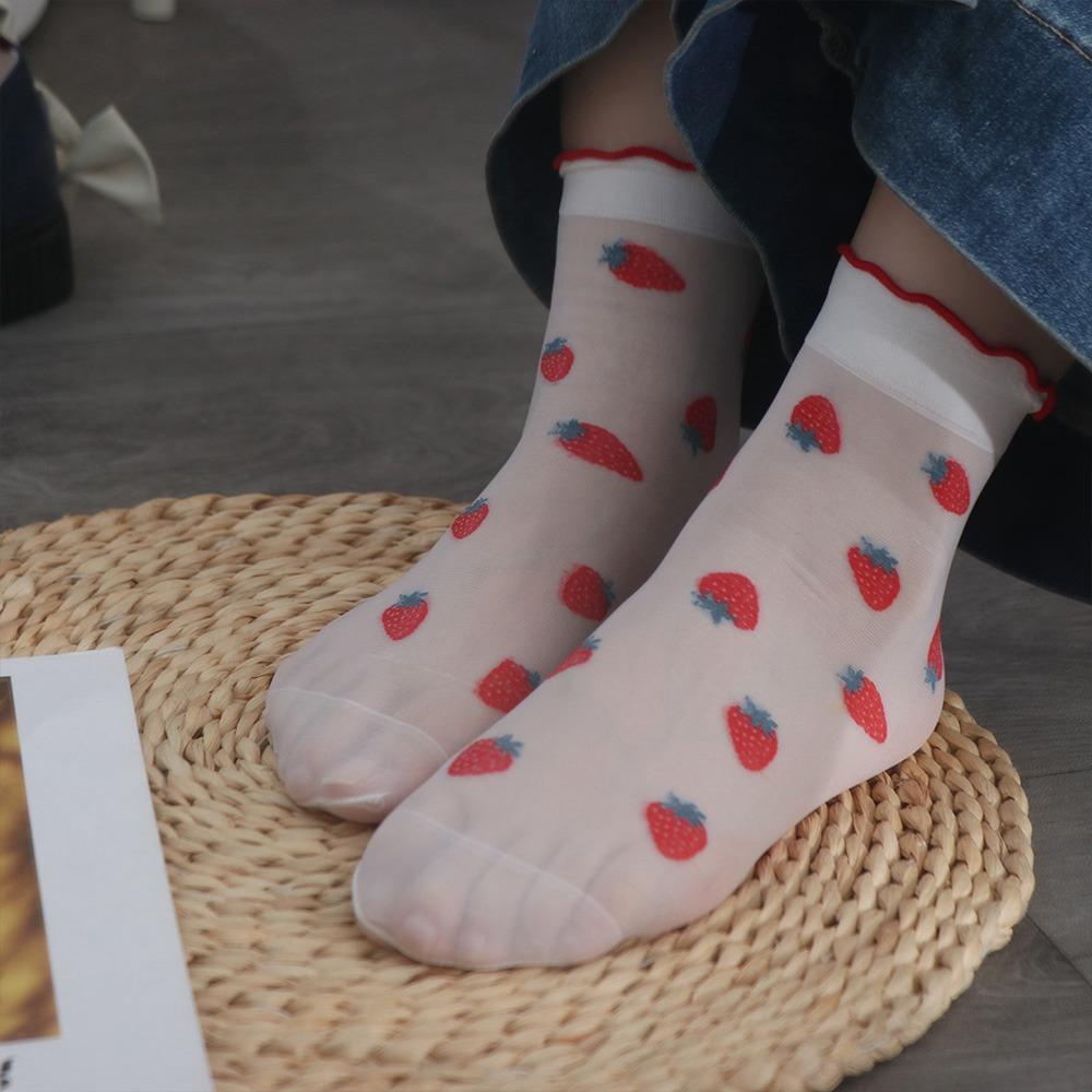Cherry Transparent Flower Ruffle Socks Peach Fruit Mesh Tulle Mid Tube Socks  Lady
