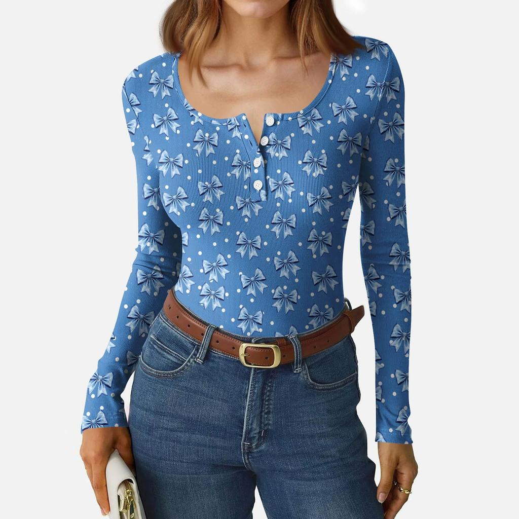 Women's Slim Bottom T-shirt Fashion Casual Gradient Printing Round Neck Pullover Long Sleeve Top
