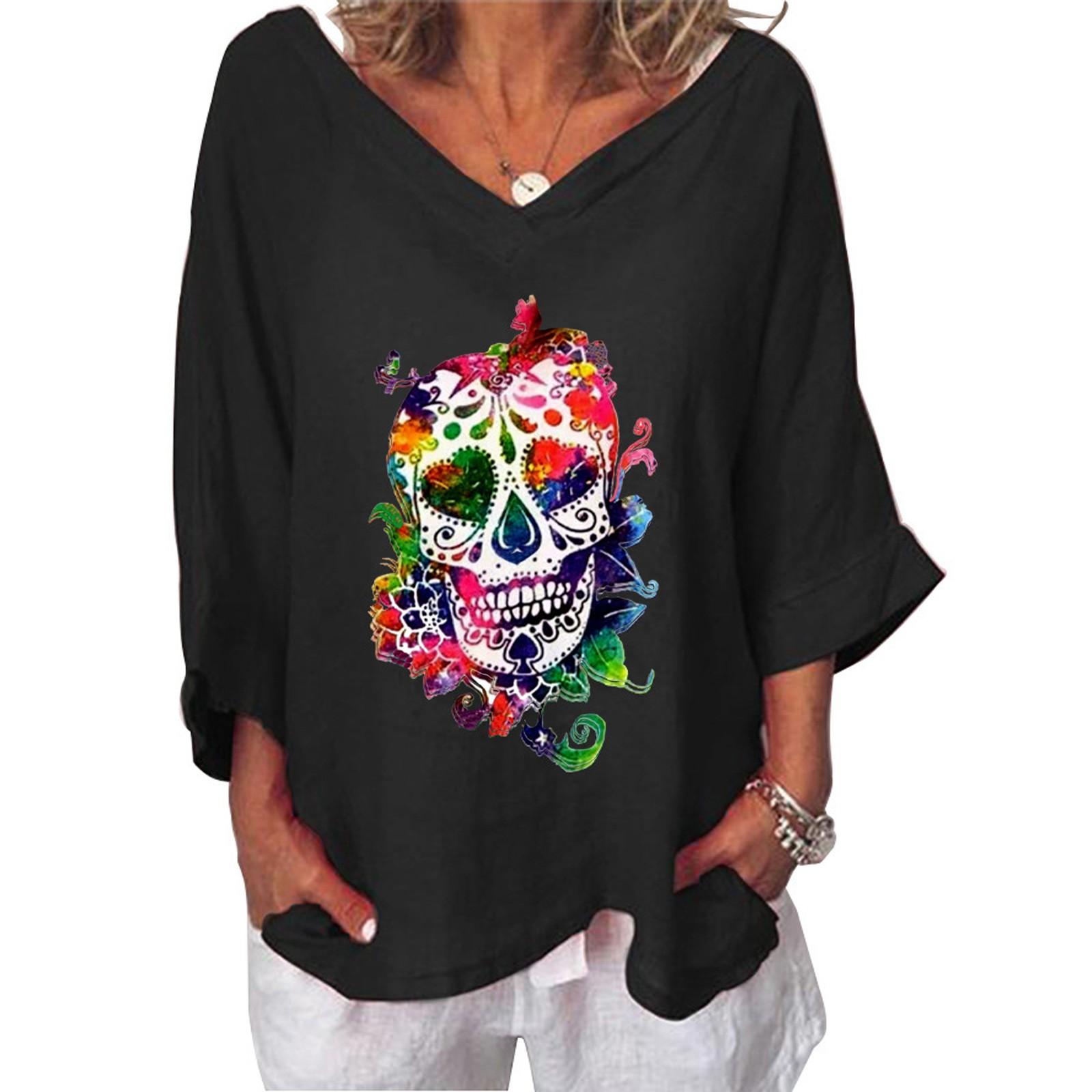 

Женский повседневный классический топ с v-образным вырезом на Хэллоуин и рукавами три четверти с принтом