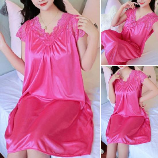 Women V-Neck Lace Stitching Sleeping Dress Short Sleeve Loose Nightdress Smooth Satin Midi Nightgown