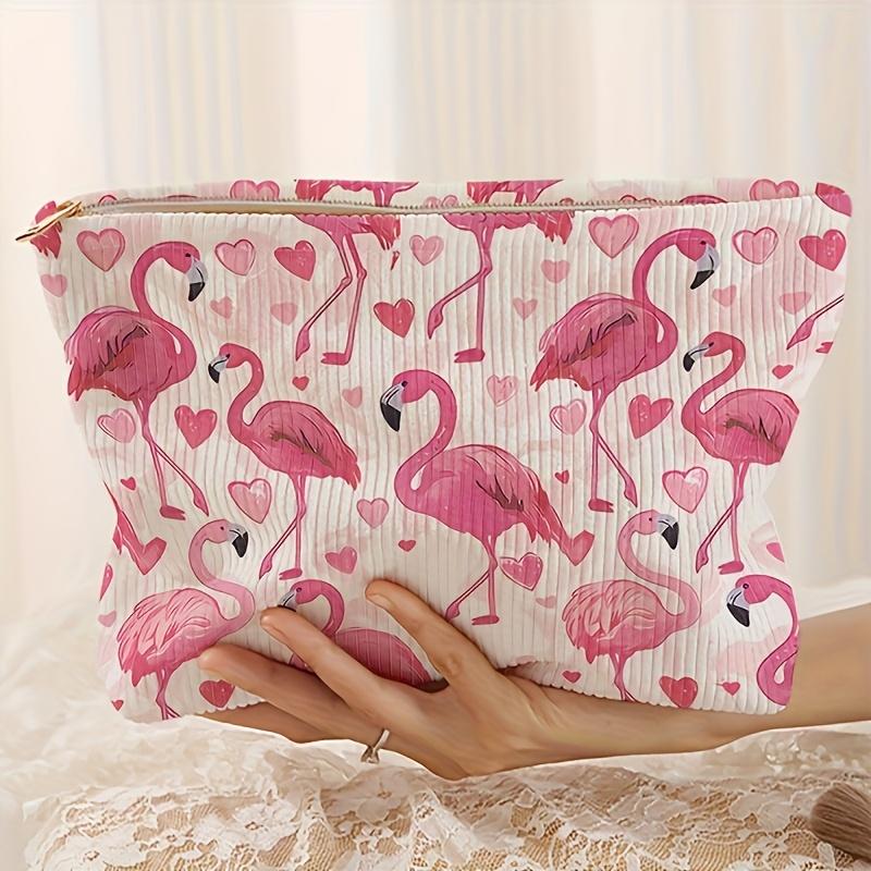 1pc Flamingo Heart Pattern Makeup Bag Portable Cosmetic Organizer Zipper Storage Pouch Floral Accents Travel Cosmetic Bag