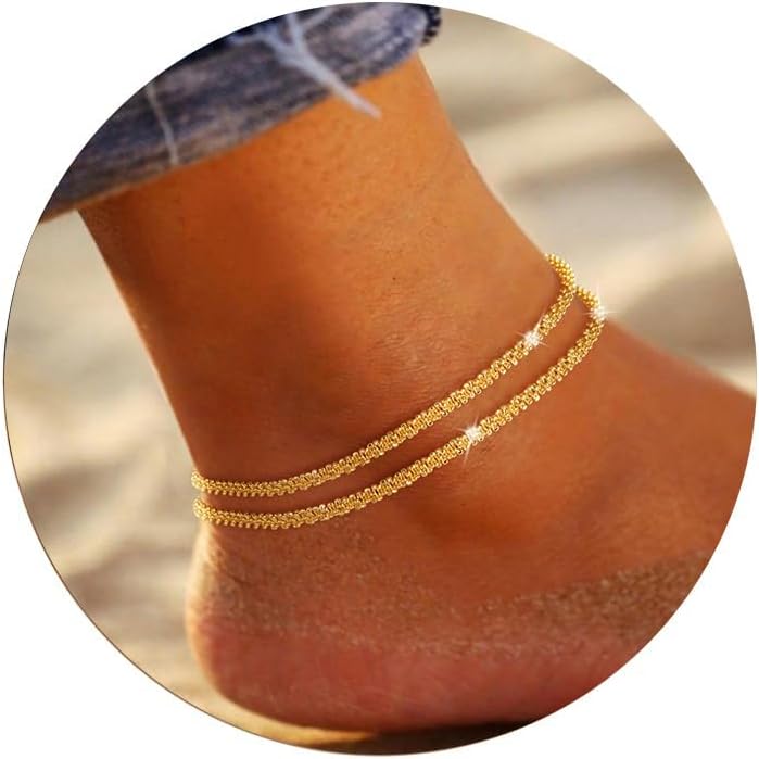 Ankle Bracelets for Women Girls Glitter Waterproof Adjustable 14K Gold Plated/ Silver Layered Anklets Beach Foot Jewerly