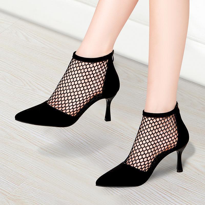 Fashion Summer Roman Lace Up Shoes Women Sandals Sexy Mesh Cut-Outs Pointed Toe High Heels Woman Black Kid Suede Ladies Long Short Boots