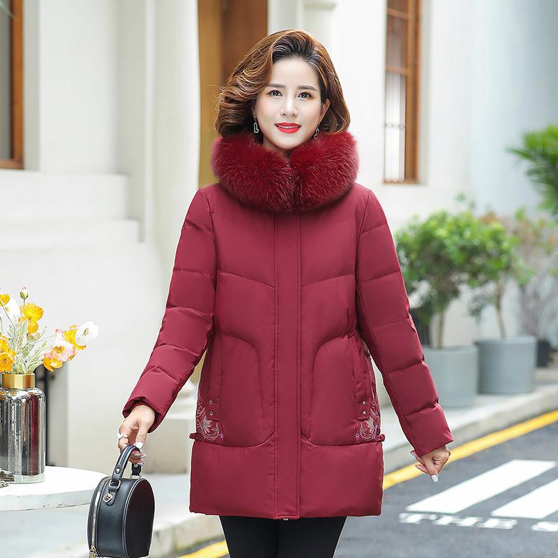 Medium and Long Loose Winter Middle-aged and Elderly Large-size Fur Collar Hooded Warm Jacket