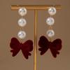 Pearl Wine Red Bow Drop Earrings Zinc Zinc Alloy New Year Earrings Exquisite Red Velvet Bow Earrings  Gift