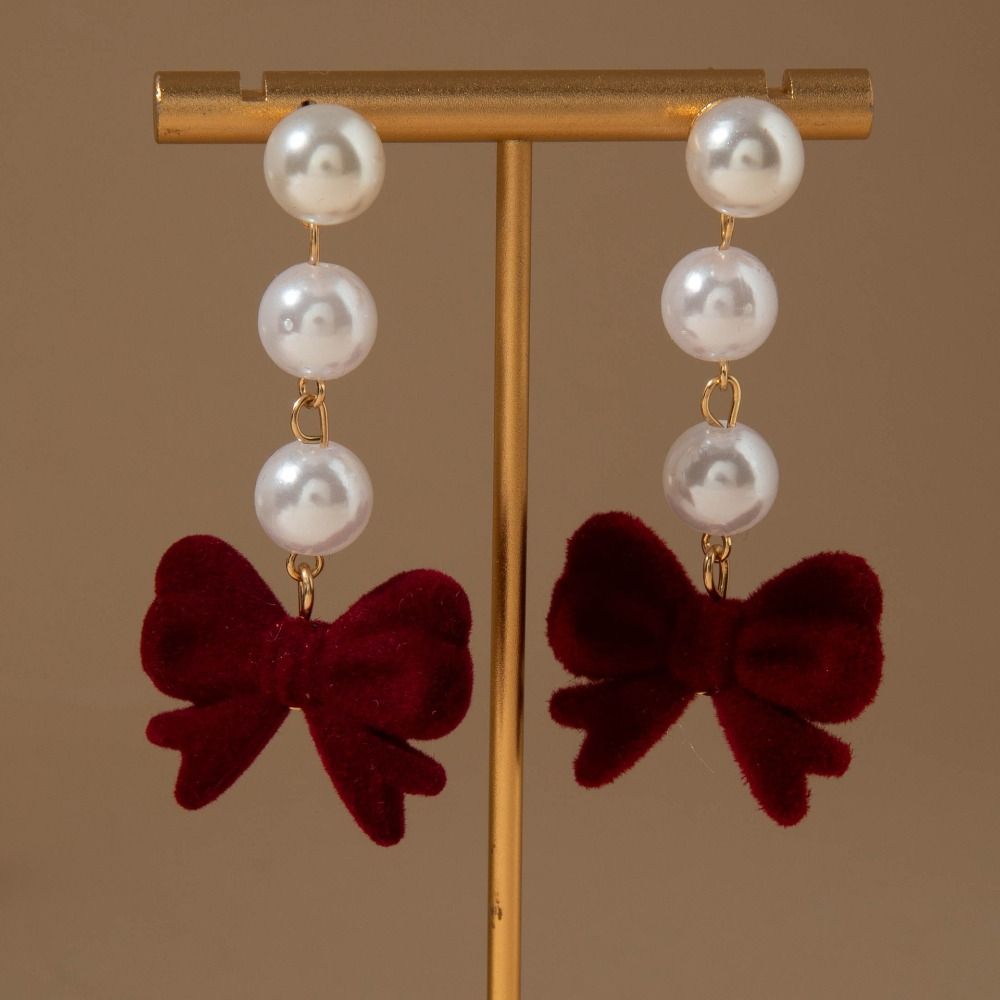Pearl Wine Red Bow Drop Earrings Zinc Zinc Alloy New Year Earrings Exquisite Red Velvet Bow Earrings Gift