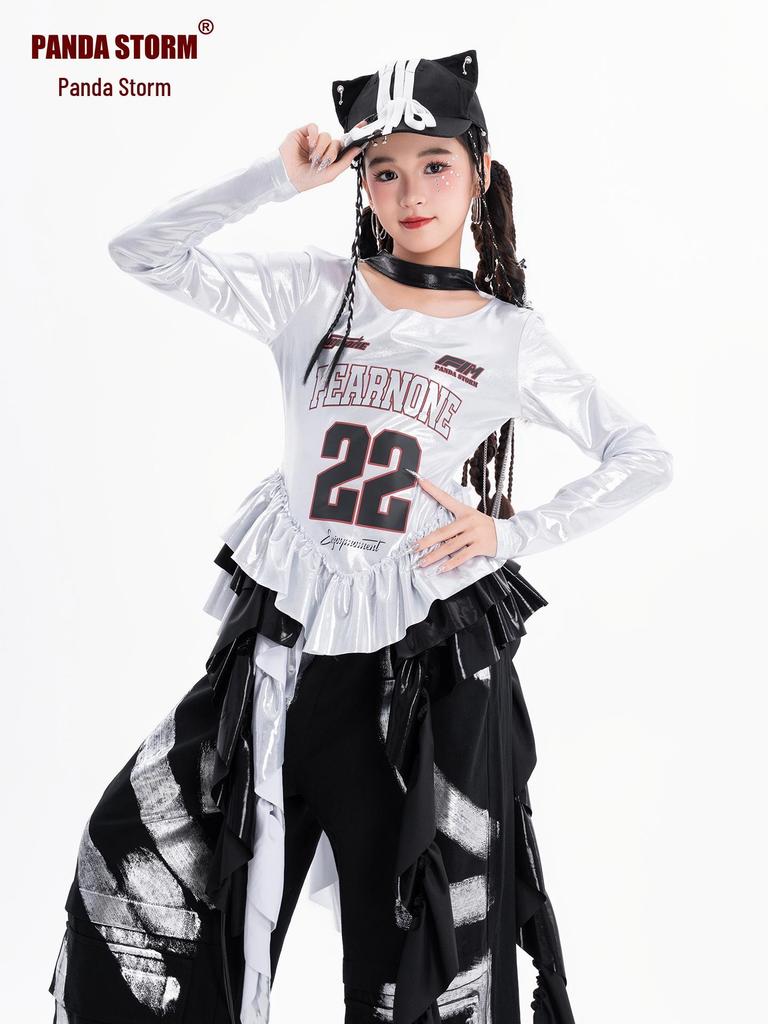 Girls' Trendy Jazz Hip Hop Dance Outfit - Long Sleeve T-shirt & Trousers for Street Dance Performance