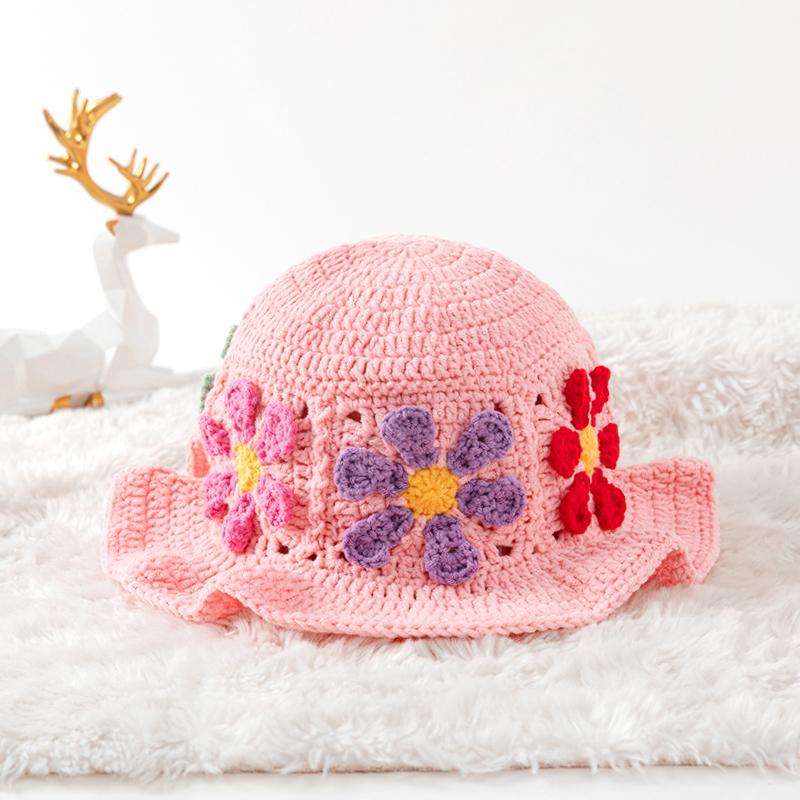 Women Plush Hat Bowler Hat Knitted Hat Breathable Handmade Crochet Vibrant Floral Pattern Cute Hollow Ruffles Colorful 56-58cm