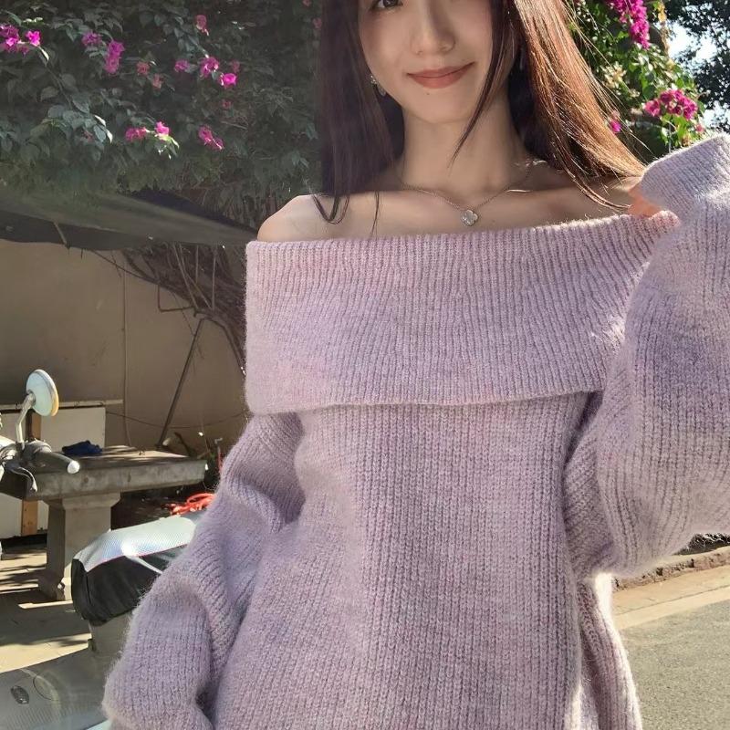 Spice Girl's New One-word Neck Sweater Autumn and Winter Temperament Lazy and Loose Off-the-shoulder Medium and Long Top Knitted Sweater